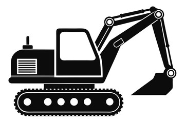 Stylized Black Excavator Icon with Tracks, Arm, and Bucket, Simple Silhouette Design