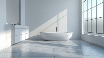 Modern, minimalist bathroom with a freestanding tub, bathed in natural light