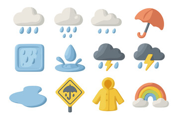Obraz premium Colorful weather icons featuring rain, clouds, and lightning