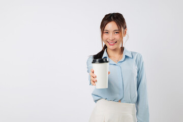 Coffee in paper cup with cheerful woman holding and smiling, cafe mockup in hand with recycle theme and tea option shown in this fresh and happy portrait. isolated studio white background