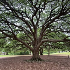 Obraz premium Majestic Old Oak Tree with Spreading Branches and Brown Leaves