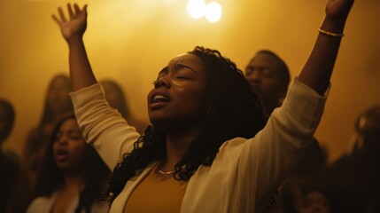 Passionate african american woman with curly hair worshipping in a gospel choir with arms raised under warm stage lights in a church or concert setting.