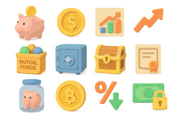 Financial icons set with piggy bank, safe, coins, graphs, and money symbols
