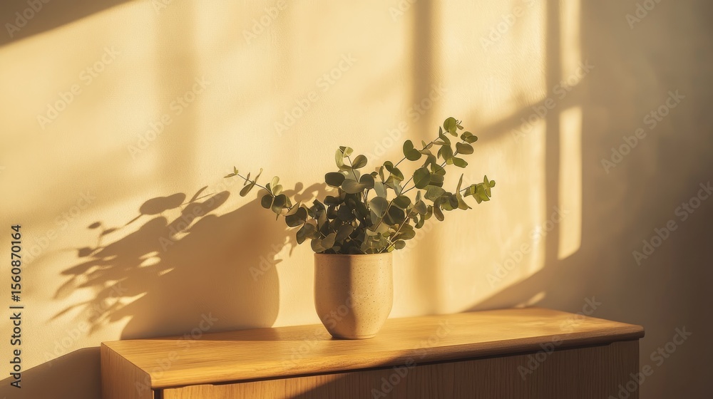 Poster minimalist ceramic pot with eucalyptus stems on light oak sideboard bathed in morning sunlight creat