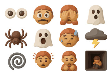 Fototapeta premium Emojis expressing fear and anxiety: ghosts, spiders, thunder, sadness, and panic