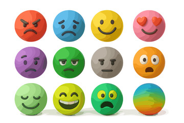 Colorful emoji faces displaying various emotions on gradient background