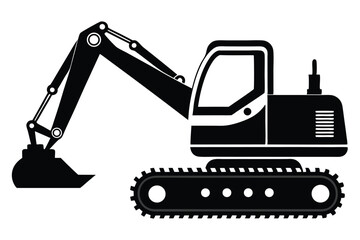 Silhouette of Construction Excavator with Tracks and Arm Raising a Bucket