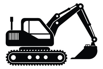 Heavy Black Excavator Illustration with Treads, Cab, and Extended Arm Showing Bucket