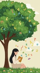 Vector of girl reading under tree with flying letters
