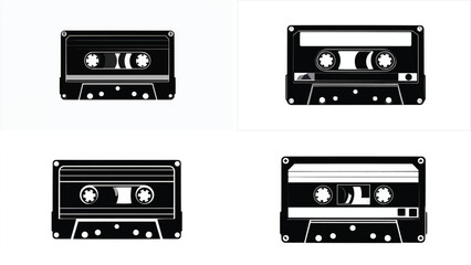 Fototapeta premium Set of cassette tapes in black and white minimalist vector illustration