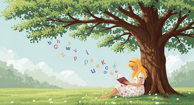 Vector of girl reading under tree with flying letters
