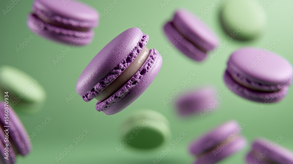 Poster floating lavender macarons with cream filling against mint green background creating playful and dre