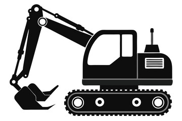 Bold Black Excavator Silhouette Construction Vehicle with Bucket and Tread Design Illustration