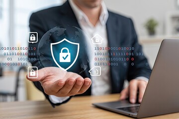 Businessman holding a glowing digital shield with a padlock and checkmark representing cybersecurity and data protection