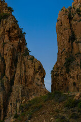 Une formation de falaise accidentée avec des roches brun-rouge surplombant une mer bleu profond, entourée de verdure, Calanques de Piana, Corse, France