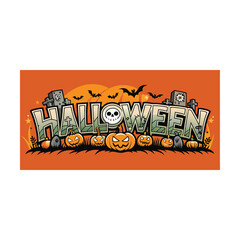 Halloween night vector illustration with orange pumpkins, scary bats, and a silhouette tree under a spooky moon banner design