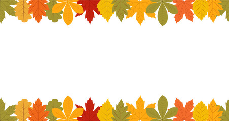 Colorful autumn leaves border decorated by yellow, orange and green leaves with copy space on white background