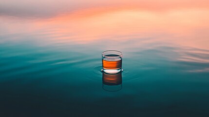 Serene scene of a glass partially submerged in calm lake water reflecting vibrant sunset colors with gentle ripples creating a painterly mirror effect from an overhead perspective.
