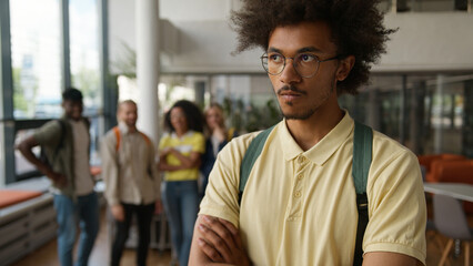 African American man guy male student suffering offended sad with mockery laughing pointing fingers...