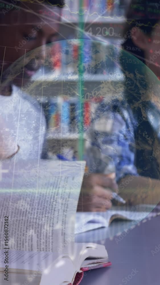 Poster animation of data processing binary coding over students in classroom