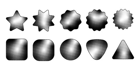 Halftone geometric shape collection in black and white. perfect for abstract, retro, or modern graphic design projects.