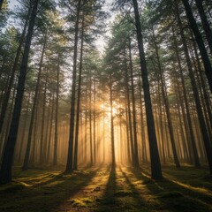 Obraz premium Sunlit Pine Forest Path at Dawn