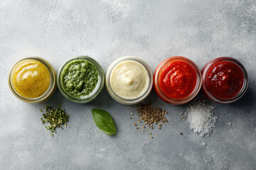 variety of homemade sauces arranged neatly on clean background