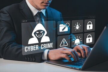 Man in suit using laptop with holographic interface displaying cyber crime icons including hacker bug locks and alert symbol