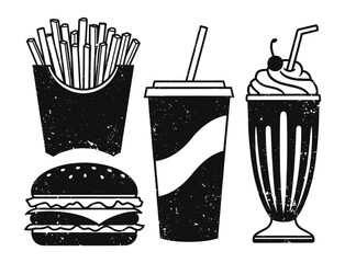 Fast Food set: cheeseburger, fries, milkshake and a soda, retro grunge texture style collection