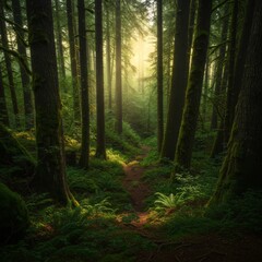 Fototapeta premium Sunlit Forest Path with Lush Greenery