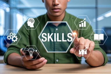 Man touching a digital interface displaying the word skills surrounded by icons representing learning growth and technology