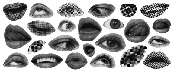 Halftone lips and eyes in grunge style. Halftone facial features with a monochrome photocopy effect. Magazine and newspaper cutouts of women’s lips and eyes expressing various emotions. Grunge collage