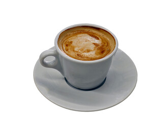 A white coffee cup with a brown foam on top