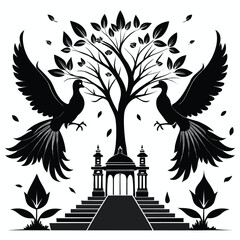 Majestic Birds and Ancient Tree A Symbolic Black and White Illustration