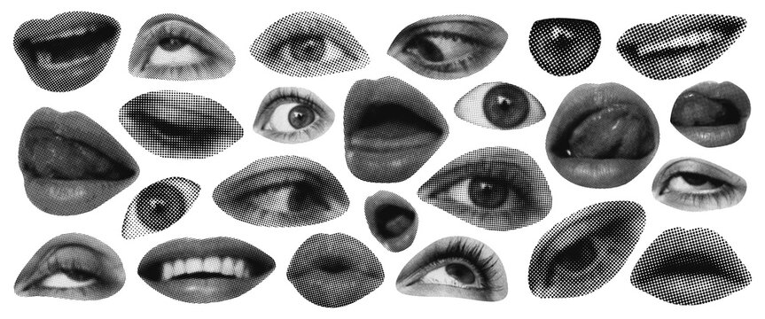 Halftone lips and eyes in grunge style. Halftone facial features with a monochrome photocopy effect. Magazine and newspaper cutouts of women&rsquo;s lips and eyes expressing various emotions. Grunge collage