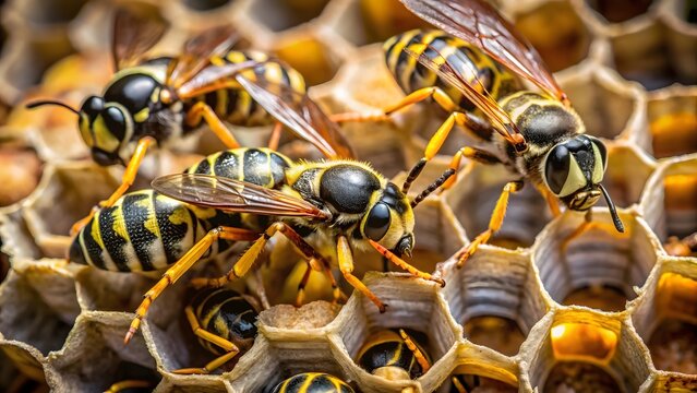 Macro Photography: Yellowjackets Building Honeycomb, Detailed Close-Up, Nature, Insects