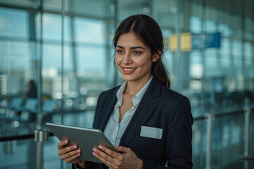 Confident businesswoman using tablet at airport, smiling, ready for travel and business success