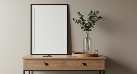 Empty Frame, Serene Corner: An empty picture frame rests on a rustic wooden console table, complemented by an elegant glass vase holding eucalyptus branches.