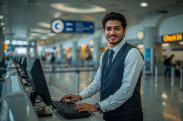 Smiling airport worker assisting at check in desk wearing a vest and tie, providing customer service