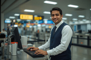 Attentive airport employee smiles while working at a computer check-in station, assisting passengers before their travels.