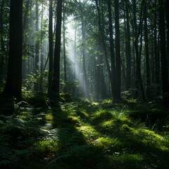 Fototapeta premium Sunbeams Illuminate Misty Green Forest