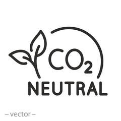 CO2 neutral icon, eco clean stamp, leaves with text co2 neutral, eco-friendly conctpt, thin line symbol on white background - editable stroke vector illustration eps 10