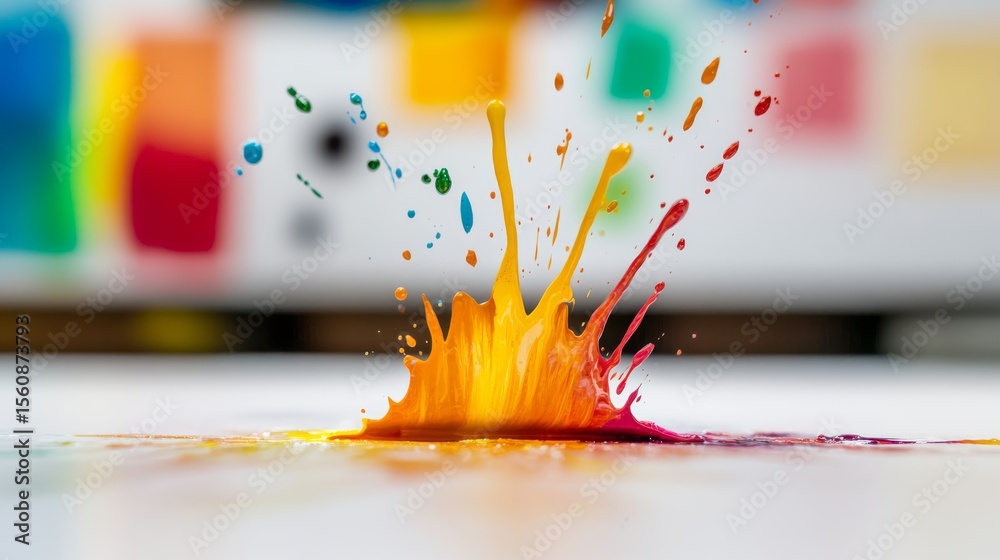 Poster Vibrant artistic splash of color on white canvas with dynamic paint effects and soft natural lighting in creative studio setting.