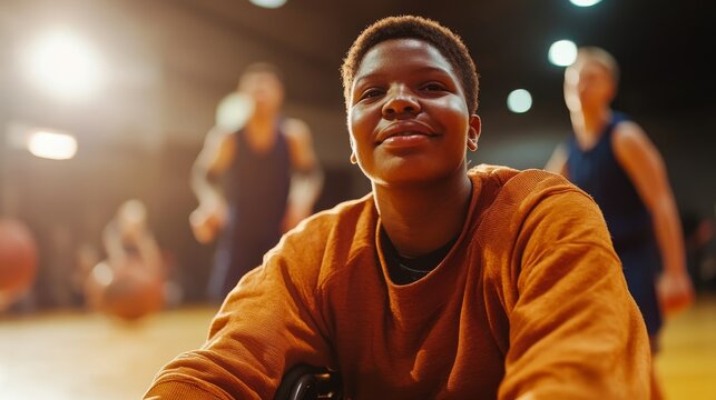 Empowered young female athlete with a wheelchair playing basketball on indoor court, determined expression, soft gym lighting, blurred teammates in background, inspiring inclusivity and perseverance.