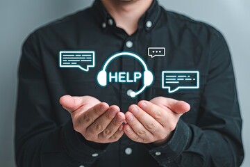 Man holding glowing headset icon with the word help and speech bubbles symbolizing customer support and communication