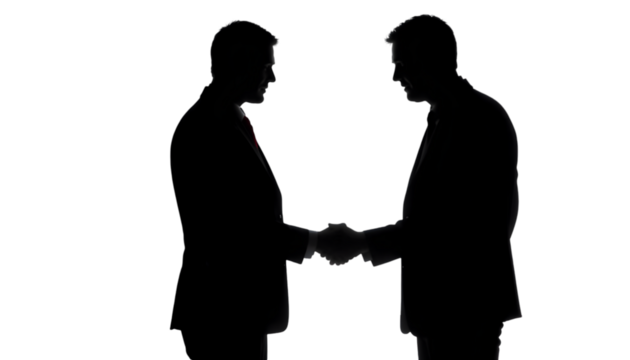 Two businessmen shake hands in a dark silhouette, symbolizing agreement, cooperation, partnership, and a successful negotiation.