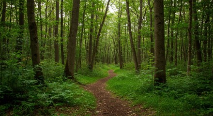 Obraz premium Sun Dappled Path Through Lush Green Forest