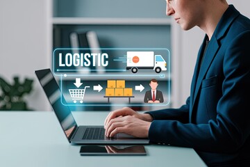 Man using laptop to manage logistics showing a digital flowchart of shipping and delivery with icons for shopping cart boxes truck and person