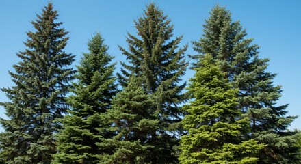 Four Tall Evergreen Trees Against a Blue Sky