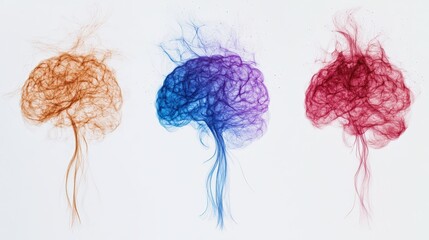 Fototapeta premium Artistic representations of three colorful brains made from intricate wire-like structures against a white background.